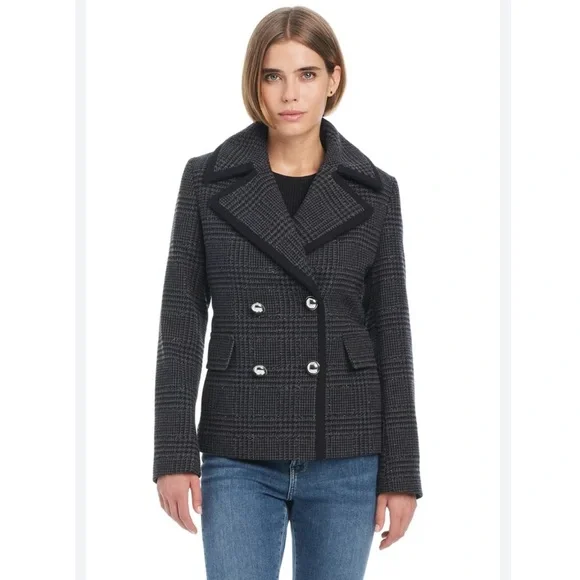 NWT Kate Spade Coat Sparkle Houndstooth Peacoat Cropped Metal Buttons Black Grey - Picture 2 of 7
